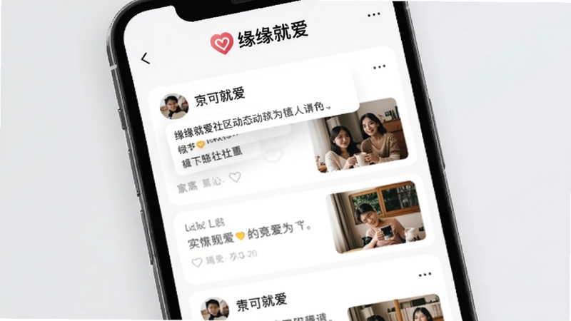 有缘就爱社区动态页面预览图,画面展示手机屏幕内瀑布流式动态卡片,卡片包含用户头像、文字与配图,背景为浅灰色简约风格,屏幕上方有缘就爱Logo清晰可见,整体氛围温暖生活化