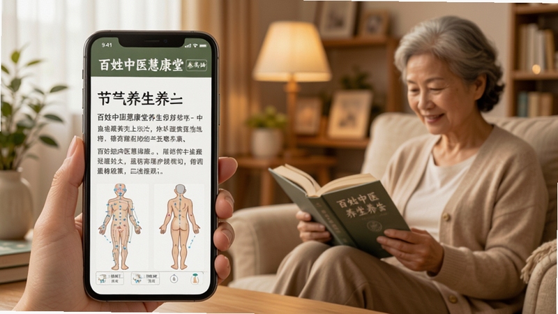 百姓中医慧康堂养生科普页面,画面主体为手机屏幕显示节气养生文章与穴位图示,背景为暖色调的居家阅读场景,传递轻松学习中医知识的氛围