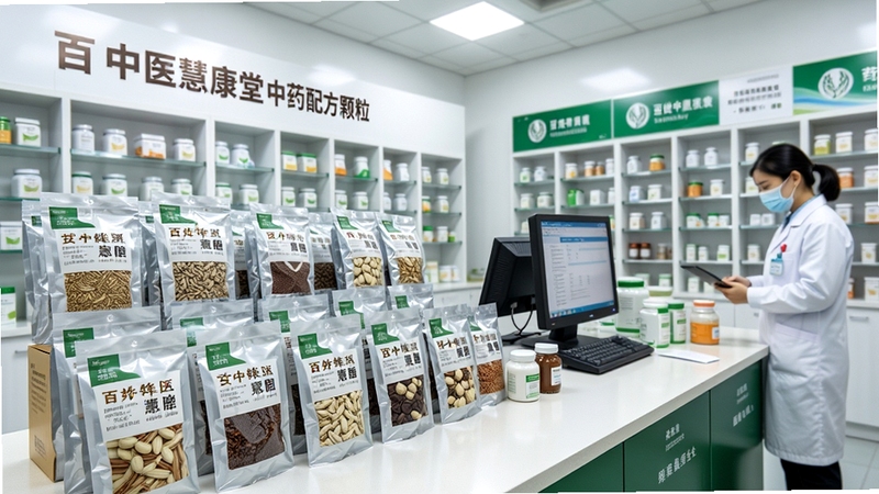 百姓中医慧康堂中药配方颗粒展示场景,画面主体为整齐排列的中药颗粒包装袋与调配台,背景为明亮整洁的药房环境,体现规范化的药品服务流程