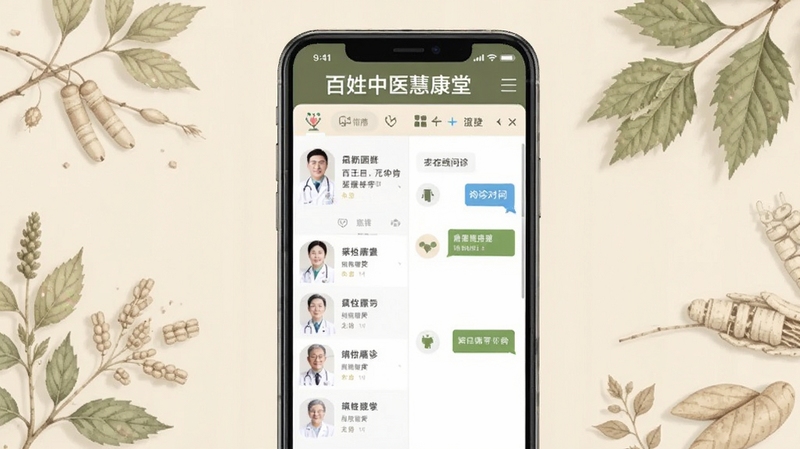 百姓中医慧康堂在线问诊界面展示,手机屏幕中央为医生列表与问诊对话窗口,背景为淡雅的中医草本纹理,整体色调温和自然,突出在线咨询的便捷感