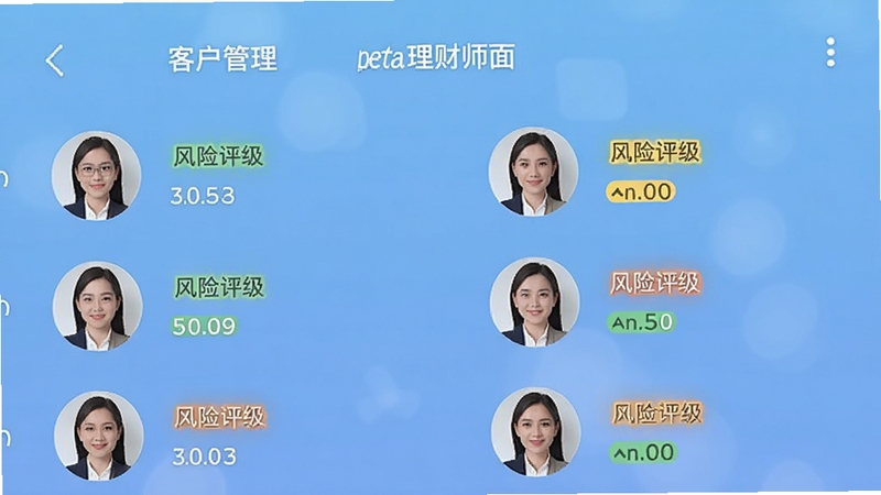 Beta理财师应用内客户管理页面截图风格,显示客户头像列表与风险评级标签,背景为淡蓝色渐变,整体布局清爽专业