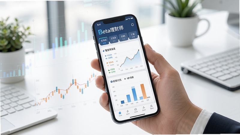 Beta理财师手机界面展示智能筛选理财产品列表与对比图表,背景为简洁办公桌面,画面清晰明亮,突出金融科技感