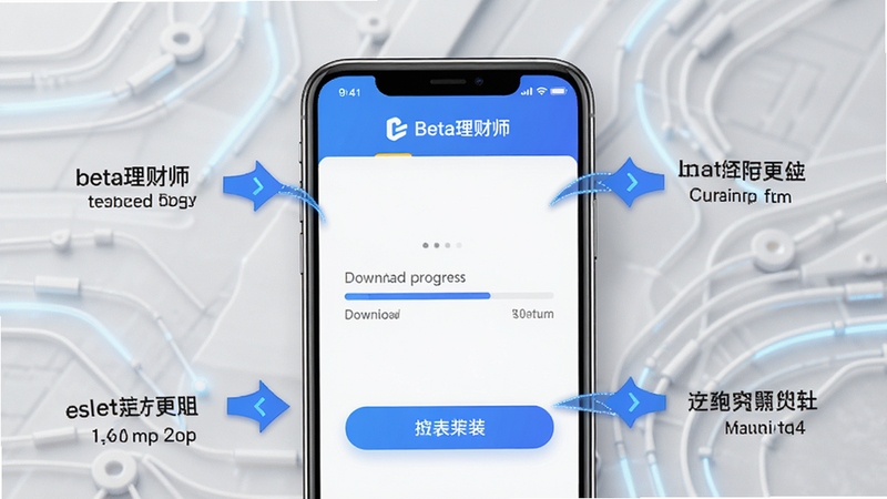 Beta理财师下载安装界面示意图,手机屏幕显示下载进度条与安装按钮,周围有箭头指引操作步骤,背景为浅灰色科技纹理