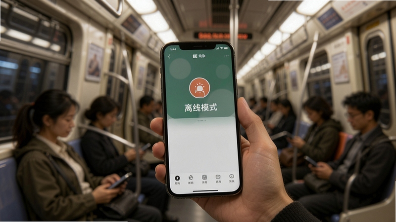器脉在线离线使用场景图,画面展示用户手持手机在地铁车厢内使用器脉在线应用,手机屏幕显示离线模式标识,背景为地铁车厢内部环境,灯光柔和,突出软件在无网络场景下的可用性