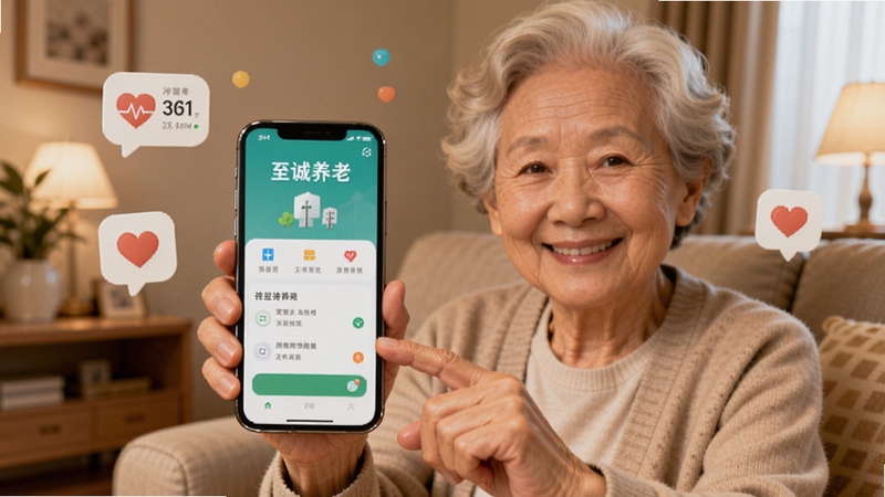 画面主体为一位笑容慈祥的老年人手持智能手机,屏幕显示至诚养老应用首页界面,背景为温馨的家庭客厅环境,暖色调光线,画面中心位置突出手机与人物互动,周围点缀健康数据图标与爱心元素,整体风格写实温暖,适配Boogu模型生成