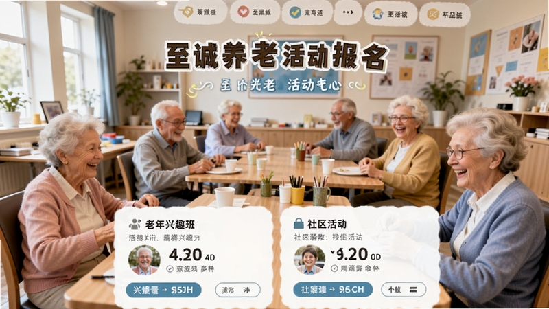 至诚养老活动报名页面,显示老年兴趣班和社区活动列表,背景为活动室场景,老年人正在参与活动,画面生动活泼