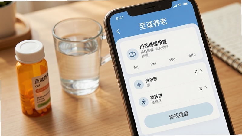 至诚养老应用界面特写,显示用药提醒设置页面,旁边有药瓶和温水杯,背景为整洁的桌面,暖色调,突出提醒功能,细节清晰