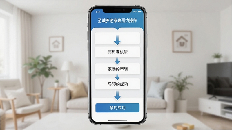 至诚养老家政预约操作流程图,手机屏幕显示从首页到预约成功的步骤界面,背景简洁,突出操作指引,画面清晰