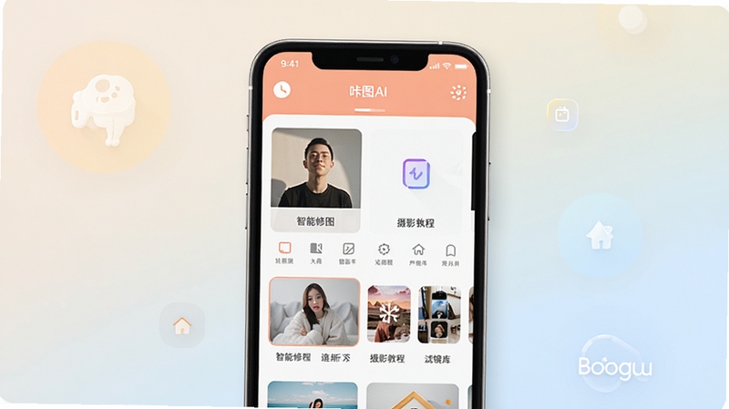 咔图AI软件主界面全貌展示,画面中央为手机屏幕显示咔图AI应用首页,包含智能修图、摄影教程、滤镜库等功能入口,背景为柔和的浅色渐变,整体风格清新简洁,适配Boogu模型生成