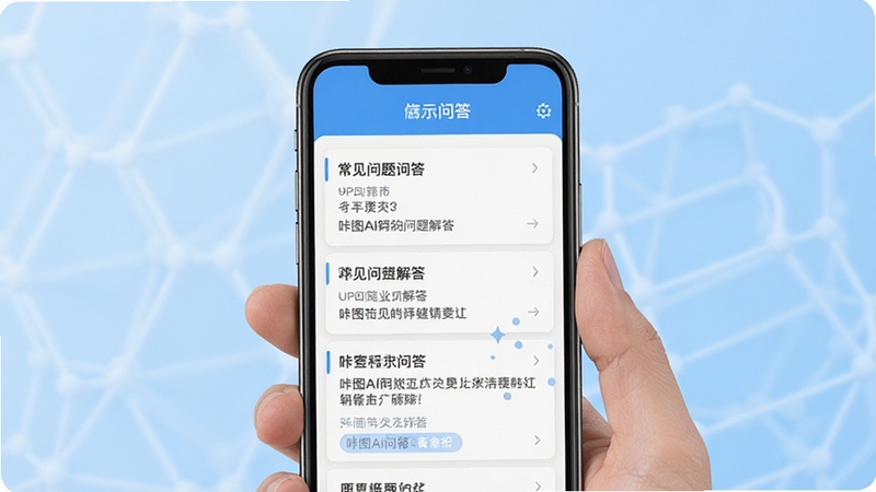 咔图AI问答界面示意图,手机屏幕显示常见问题列表与解答内容,界面简洁清晰,背景为浅蓝色渐变,突出问答互动氛围