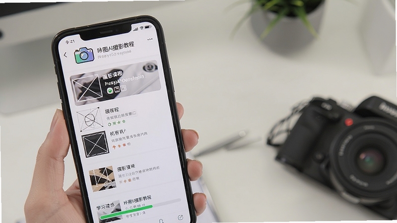 咔图AI摄影教程页面,手机屏幕显示摄影课程列表与构图示意图,画面中有相机图标与学习进度条,背景为简洁的书桌场景