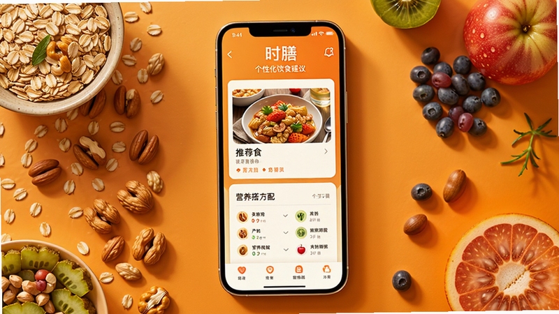 ʱ��APP���Ի���ʳ����ҳ�棬�ֻ���Ļչʾ�Ƽ�ʳ�׿�Ƭ��Ӫ�����䷽��������Ϊ��ů��ɫ���䣬��������Ϊһ�������ֻ����Ա�ɢ�������󡢼����ˮ���Ƚ���ʳ�ģ�Ӫ����ܰ��������ʳ��Χ
