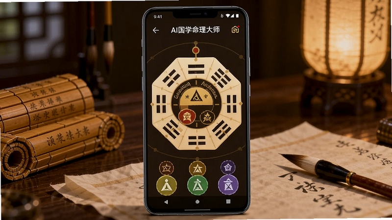 画面中央是一部竖屏安卓手机,屏幕上显示AI国学命理大师应用的主界面,包含八卦罗盘与五行元素图标,背景为古风书房场景,有竹简、毛笔、宣纸和暖色灯笼光,整体色调为深棕与金色,风格写实细腻,突出传统文化与科技融合的氛围