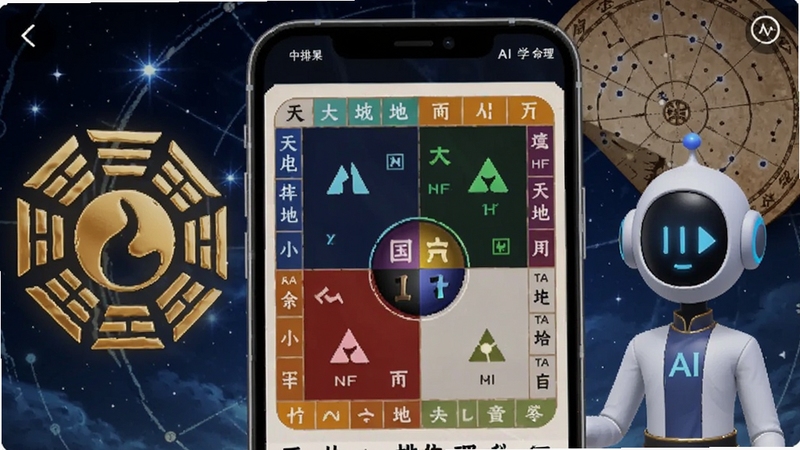 AI国学命理大师应用界面特写,手机屏幕显示八字排盘结果,天干地支与五行色彩分明,画面左侧漂浮着金色八卦符号,右侧有虚拟AI助手形象,背景为深蓝色星空与古代星图,整体风格科技感与古风结合