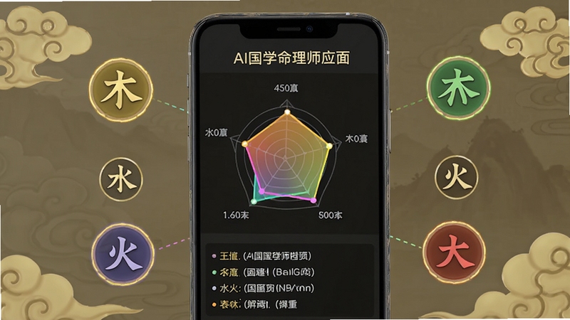 AI国学命理大师应用内五行运势报告页面,手机屏幕上展示彩色雷达图与文字解读,周围环绕金木水火土五行图标,背景为淡金色云纹图案,整体视觉柔和清晰,体现传统文化与现代数据可视化的结合