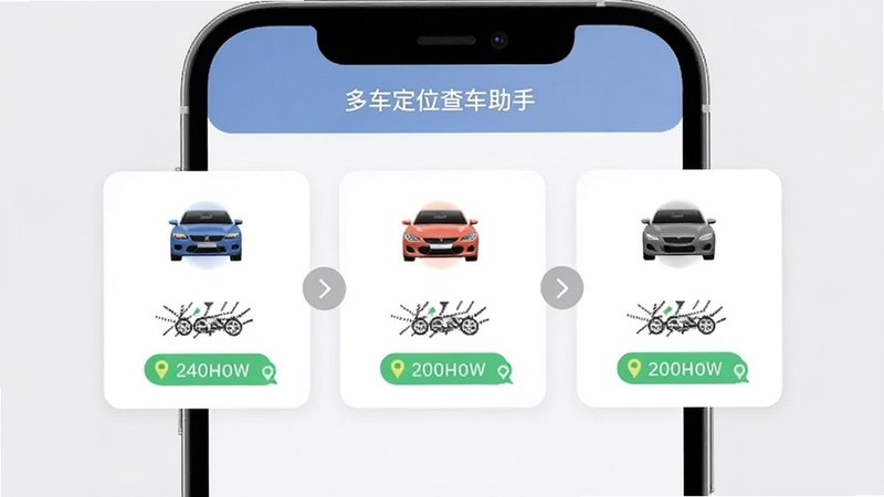 多车绑定管理功能示意图,画面展示手机屏幕上有三张车辆信息卡片并排排列,每张卡片显示不同车辆图标和位置状态,卡片之间有切换箭头,背景为浅灰色简约风格,屏幕上方有车子定位查车助手标题栏,适配Boogu模型生成