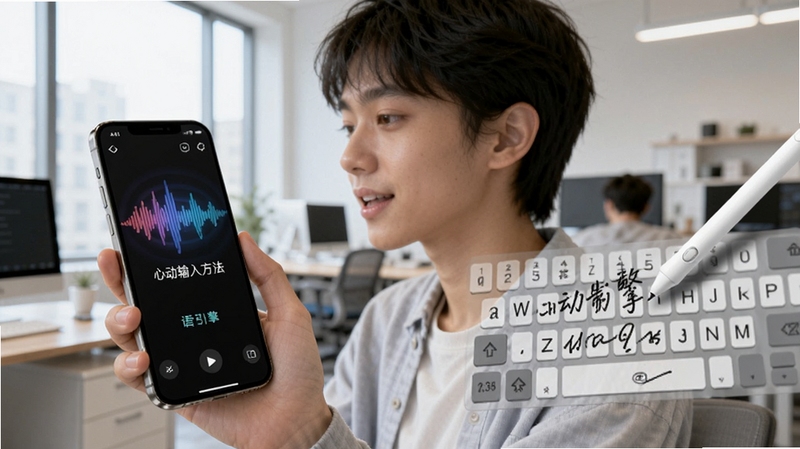 心动输入法 语音输入场景,一位年轻用户手持手机正在说话,屏幕上显示声波转化为文字的动态效果,背景是明亮的办公室环境,画面右侧有手写笔迹叠加在键盘上的特效,突出双引擎功能