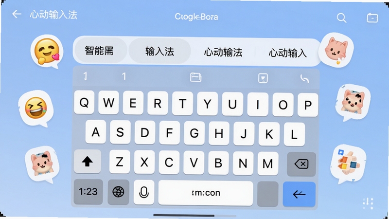心动输入法 主界面展示,画面中央是简洁的键盘布局,背景为柔和的渐变蓝色,键盘上方有智能候选词栏,周围漂浮着表情包与皮肤切换图标,整体风格清新现代,适配Boogu模型生成