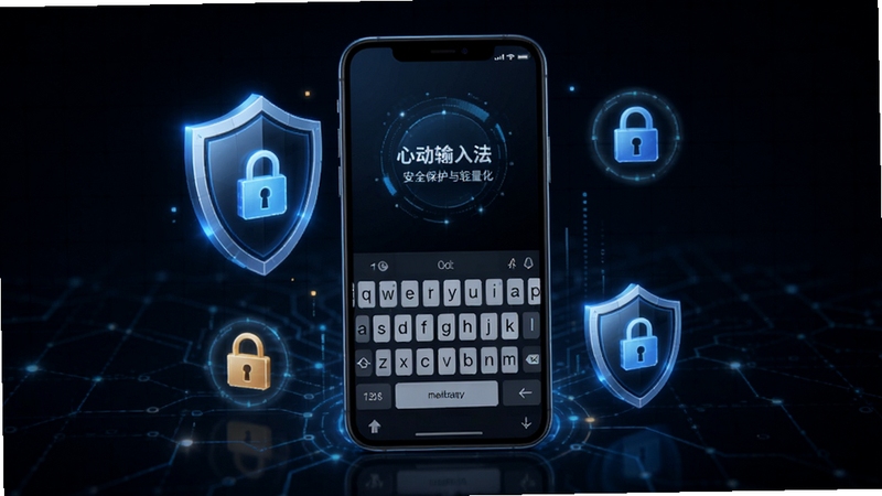 心动输入法 安全防护概念图,手机屏幕周围环绕着盾牌与锁形图标,键盘界面清晰可见,背景为深色科技网格,强调隐私保护与轻量化设计