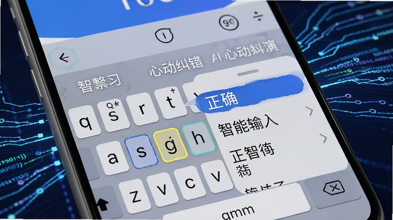 心动输入法 智能纠错演示,手机屏幕特写,显示键盘上按错的字母被高亮标记,候选词栏中正确词汇排在首位,背景有科技感的数据流线条,体现AI智能学习特性