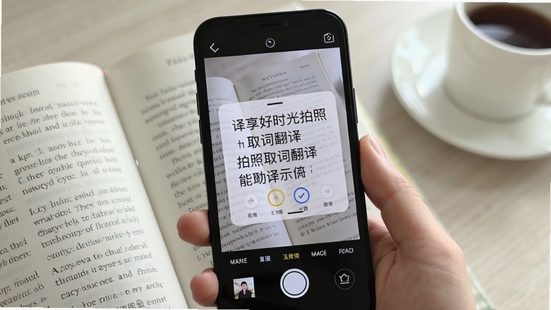 ������ʱ������ȡ�ʷ��빦��ʾ��ͼ���ֻ�����ͷ��׼һ��Ӣ���鼮ҳ�棬��Ļ�ϵ�����ʾ���ķ��븡�㣬��������������ͻ�����ļ���ı������