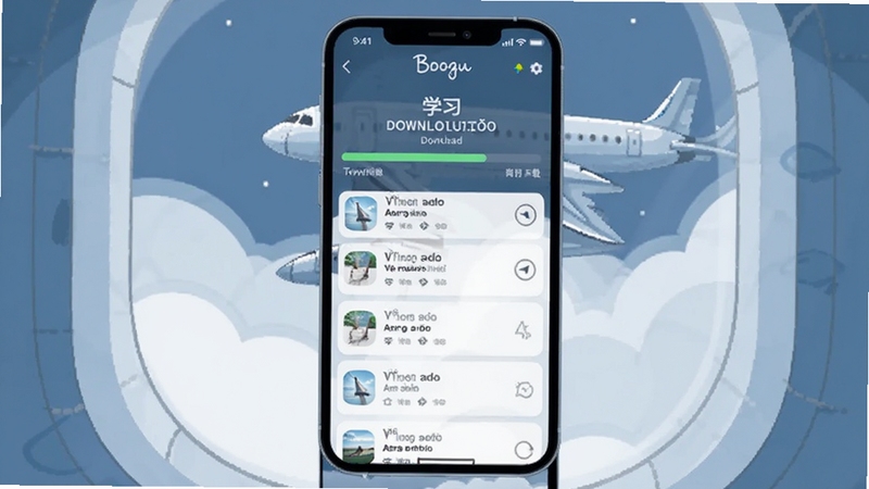 莱特葡萄牙语学习背单词离线下载界面,画面中央为手机屏幕展示下载进度条与已下载词库列表,背景为飞机舷窗与云层的简约插画,色调偏冷,适配Boogu模型生成