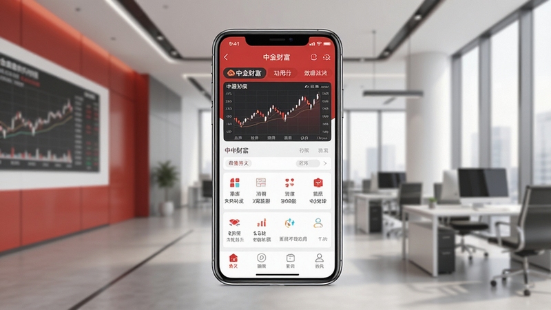中金财富手机应用主界面展示,画面中央为一部竖屏智能手机,屏幕显示中金财富app首页行情与功能入口,背景为现代金融办公环境,色调以红白灰为主,整体简洁专业,适配Boogu模型生成