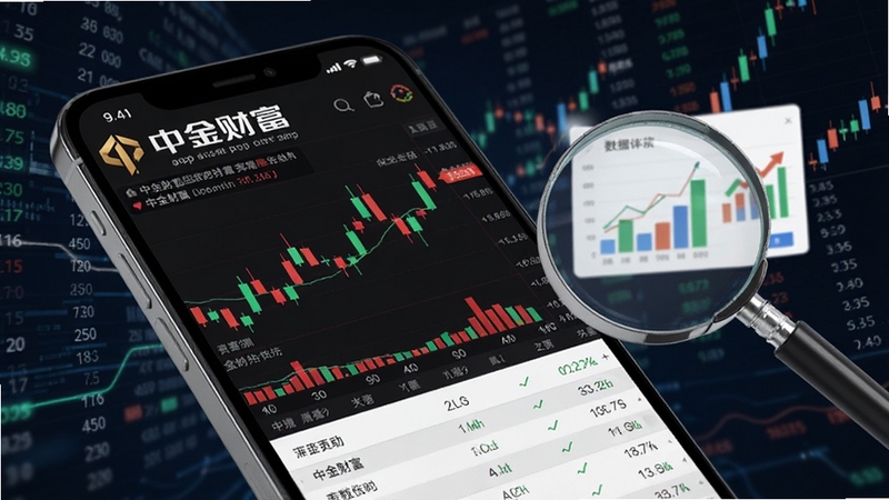 中金财富app实时行情页面特写,手机屏幕显示红绿相间的K线走势图与股票列表,旁边有放大镜与数据图表元素,背景为深色科技感金融数据流,突出中金财富品牌标识