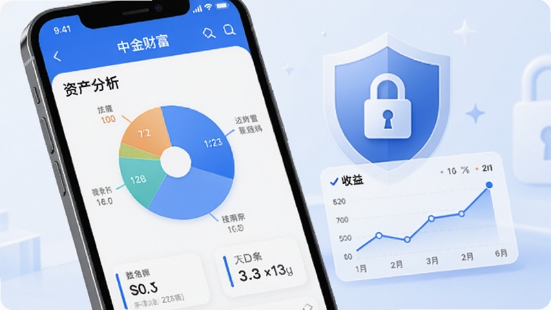 中金财富app资产分析界面,手机屏幕展示饼状资产配置图与收益曲线,背景有盾牌与锁形安全图标,整体色调为蓝色与白色,体现安全稳健的理财氛围