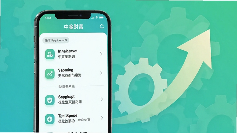 中金财富app更新日志界面示意图,手机屏幕显示版本更新说明列表与优化图标,背景有齿轮与向上箭头元素,色调清新简洁,突出更新升级主题
