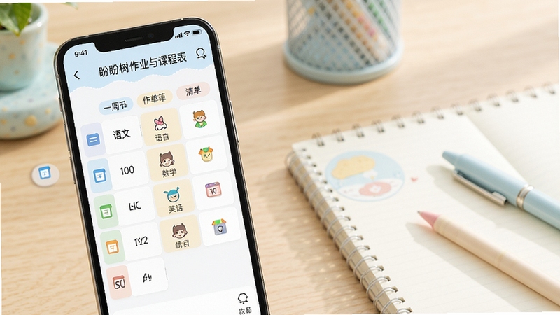 ��������ҵ��γ̱����棬�������ֻ���Ļ��ʾһ�ܿγ̱���������ҵ�嵥���������ġ���ѧ��Ӣ��ȿ�Ŀͼ�꣬����Ϊ�������ľߣ�����ǳɫ�����Ϣ�㼶����