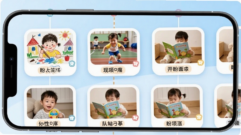 �������ɳ������棬����չʾ�ֻ���Ļ��ʱ�������еĶ�ͯ���Ƭ�������滭���˶����Ķ��ȳ�����ÿ����Ƭ�·������ֱ�ǩ������Ϊ����ɫ���䣬Բ�ǿ�Ƭ��ƣ���ܰ�ɰ����