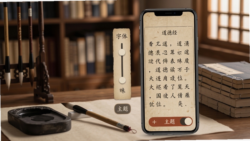 ��ѧ�������������Ķ�����Ի����ý��棬����չʾ�ֻ���Ļ�з¹���ֽ�Ķ�ģʽ�µĵ��¾��½ڣ���Ļ�Ա���������ڻ����������л���ť������Ϊ�鷿һ�ǣ�����̨��ë������װ��ѵ���ɫ�����׻ơ�ī�ڡ����Ϊ�������ִ�ͳ��ի��Ϣ������Booguģ�����ɣ������������ƫ�ң���������Ϊ��͵�����봰����Ӱ