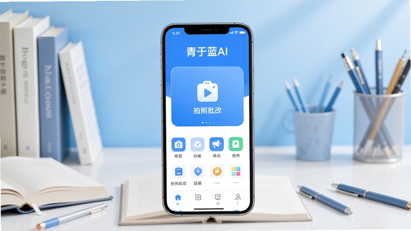 青于蓝AI 软件主界面全貌展示,画面中央为手机屏幕中打开的青于蓝AI应用首页,顶部显示软件名称青于蓝AI,中部为拍照批改入口与功能图标,背景区域为浅蓝色渐变学习场景,桌面摆放书本与文具,整体风格清新明亮,适配Boogu模型生成