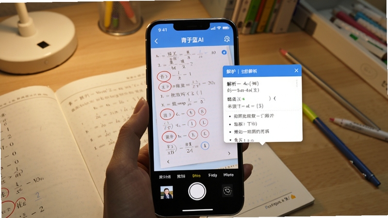青于蓝AI 拍照批改功能演示图,画面主体为手机摄像头对准一份数学作业本,屏幕上显示青于蓝AI 的批改界面,错题被红色圆圈标注,旁边弹出解析小窗,背景为书桌场景,光线柔和,细节清晰,适配Boogu模型生成