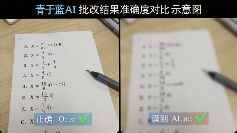 青于蓝AI 批改结果准确度对比示意图,画面主体为同一道数学题在清晰拍照与模糊拍照两种条件下的青于蓝AI 识别结果对比,左侧清晰图片显示正确批改,右侧模糊图片显示识别偏差,背景为浅色桌面,适配Boogu模型生成