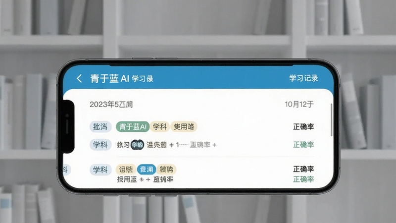 青于蓝AI 学习记录页面展示图,画面主体为手机屏幕中青于蓝AI 的学习记录列表,按日期排列的批改条目清晰可见,每条记录旁标注学科标签与正确率,背景区域为浅灰色书架环境,整体安静整洁,适配Boogu模型生成