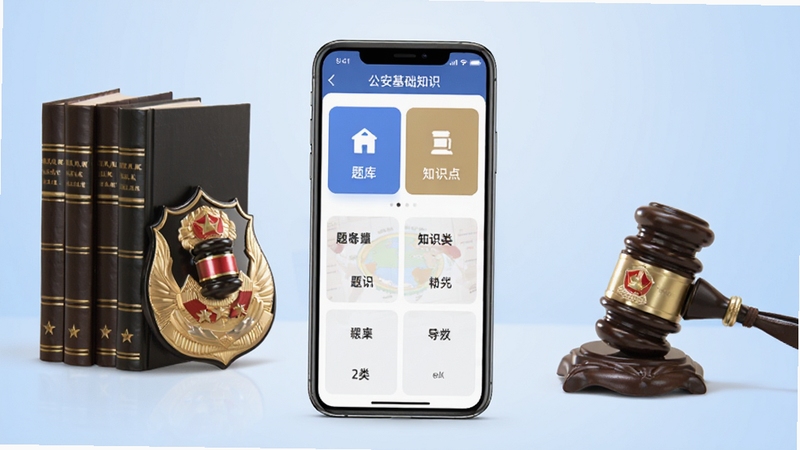 公安基础知识软件主界面全貌展示,画面中央为手机屏幕内显示公安基础知识APP的首页,包含题库入口和知识点分类按钮,背景为淡蓝色渐变,屏幕周围环绕法律书籍与警徽元素,整体风格简洁专业,适配Boogu模型生成