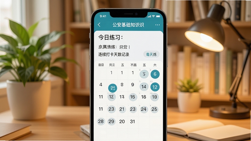 公安基础知识软件每日一练打卡界面,手机屏幕显示今日练习题和连续打卡天数记录,日历上标记了多个已完成打卡的日期,背景为温馨的书房环境,有绿植和台灯,风格清新自然
