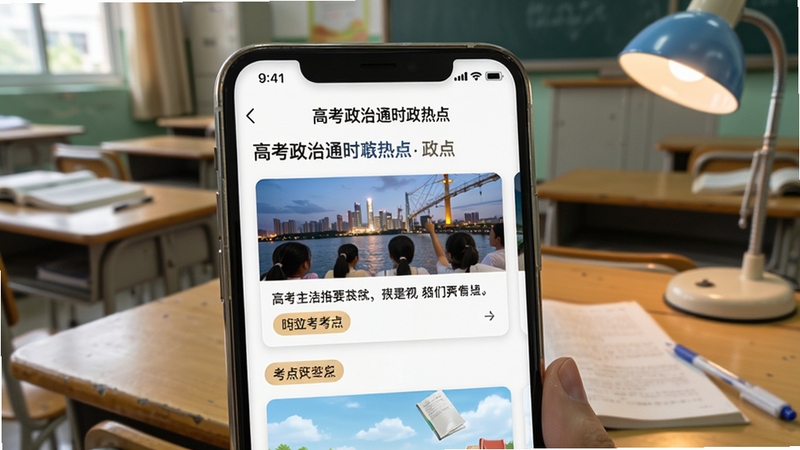 高考政治通时政热点页面,手机屏幕展示新闻卡片与对应考点标签,背景为教室课桌场景,画面带有学习氛围