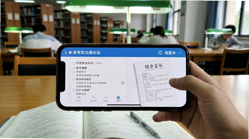 高考政治通移动端使用场景,手机横屏展示刷题界面与错题本,背景为图书馆自习桌,画面安静专注