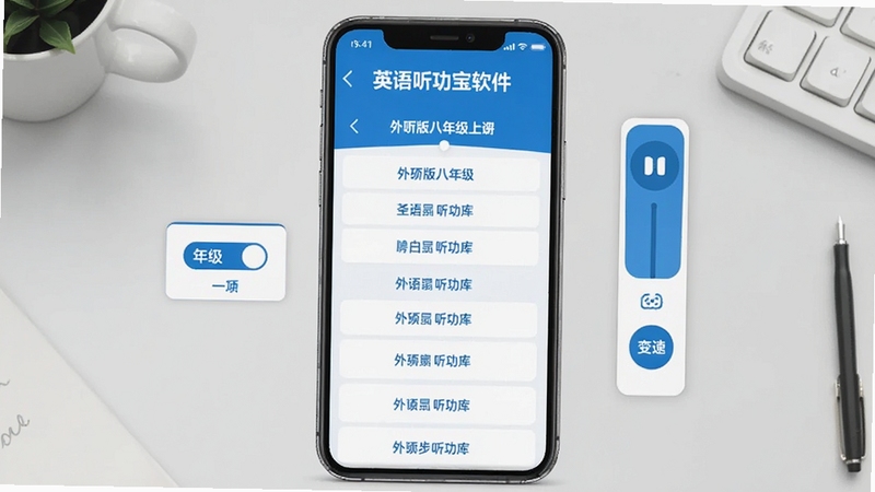 英语听力宝教材同步听力库界面,手机屏幕中央展示外研版八年级上册单元列表,左侧显示年级切换菜单,右侧悬浮播放条带复读与变速按钮,整体风格清爽蓝白配色,扁平化设计,背景为浅灰色学习桌面,突出英语听力宝软件名称
