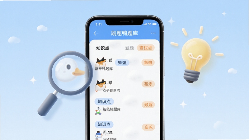 刷题鸭题库智能错题本功能界面展示,手机屏幕呈现错题列表与知识点标签,背景为浅蓝色渐变,画面中有放大镜和灯泡元素象征查漏补缺,整体风格清新简约
