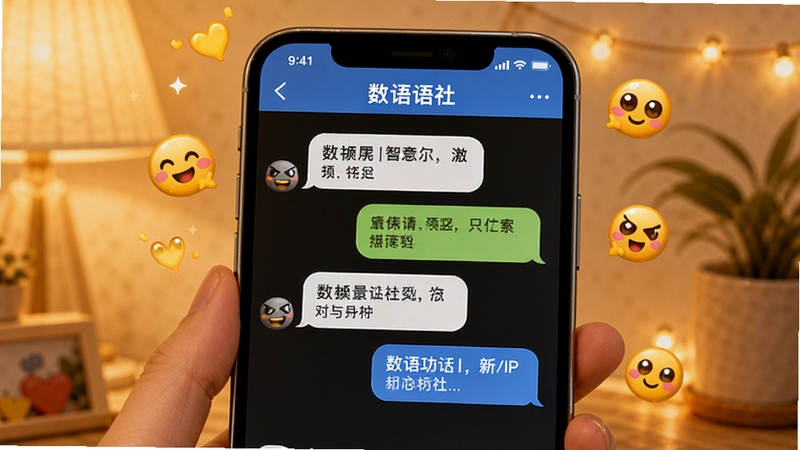 数语社智能对话界面,画面展示手机屏幕上数语社APP内的聊天窗口,对话气泡清晰可见,背景为温馨的暖色调,带有可爱的表情符号元素,突出互动氛围