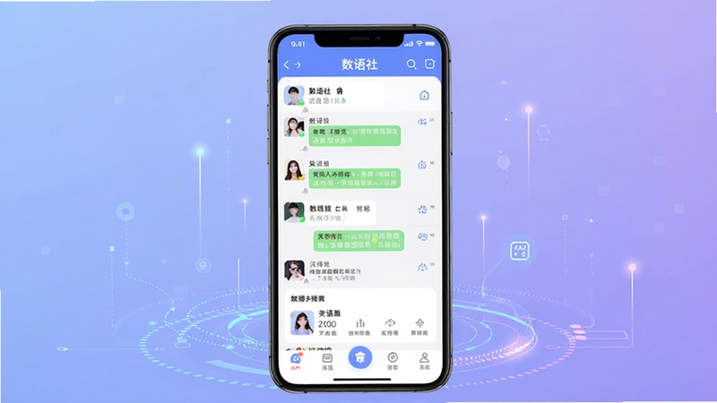 数语社应用主界面展示,画面中央为手机屏幕,屏幕内呈现数语社APP的聊天列表与功能模块,背景为柔和的蓝紫色渐变,带有科技感光效点缀,整体风格清新明快,适配Boogu模型生成