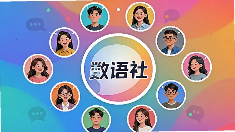数语社社交场景展示,画面中多位用户头像围绕中心形成圆圈,中心为“数语社”Logo,背景为多彩的渐变色彩,象征多元社交圈层,风格活泼现代