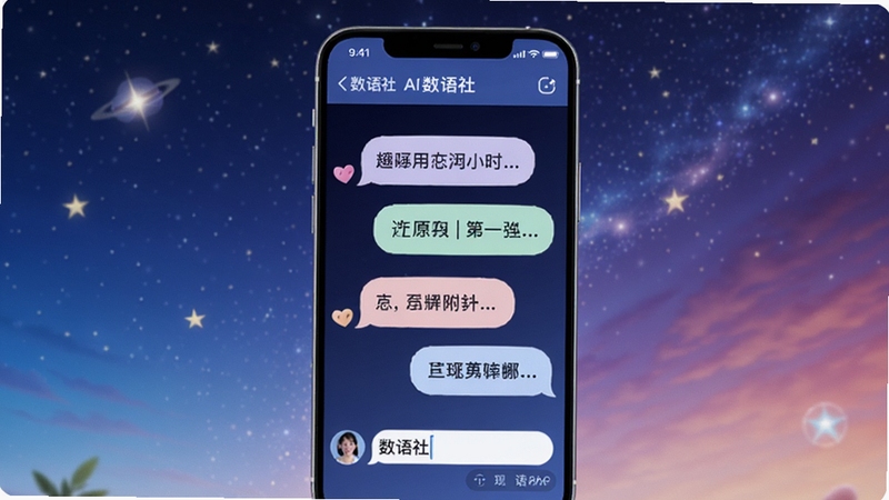 数语社AI互动功能演示,画面展示手机屏幕上数语社APP的智能对话界面,用户正在输入文字,屏幕上出现富有创意的回复气泡,背景为梦幻的星空渐变,突出智能与趣味性