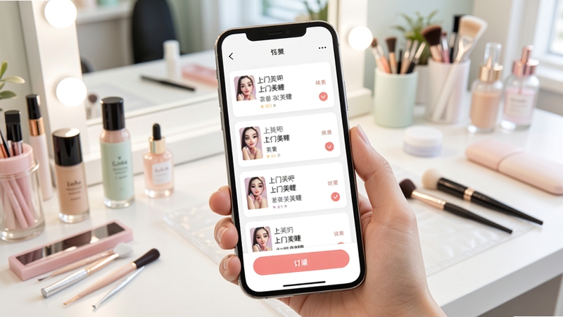 怪兽上门美妆商家端手机端订单推送界面展示,画面主体为手持智能手机,屏幕显示多张上门美甲美睫订单卡片,背景为明亮的美妆工作台,工具摆放整齐,整体色调柔和清新,突出移动接单场景