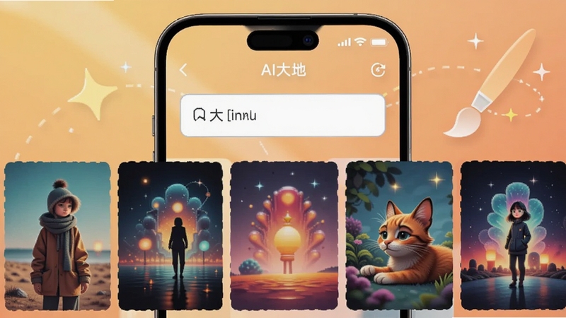AI大地 智能图像生成界面 手机屏幕中央显示输入框 下方排列多张风格迥异的AI生成图片 背景为柔和暖光 画面带有创意画笔与星光点缀 软件名称AI大地位于界面顶部 适配Boogu模型生成
