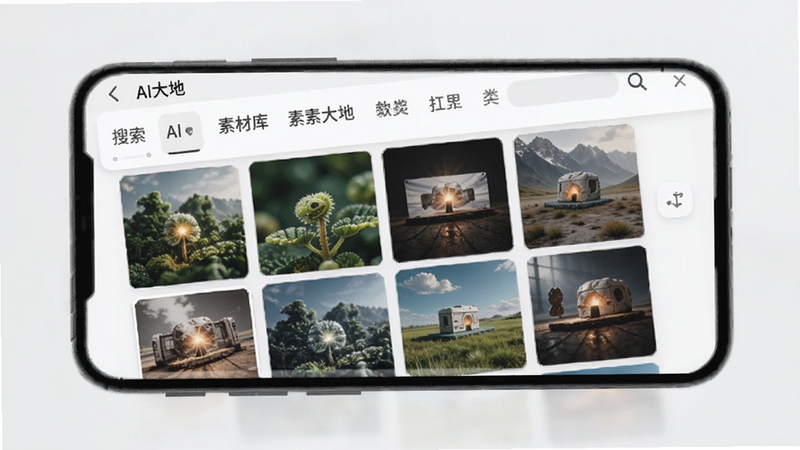 AI大地 素材库界面 手机屏幕展示网格状图片排列 顶部有搜索框和分类标签 背景为浅灰色 界面干净整洁 软件名称AI大地显示在导航栏 适配Boogu模型生成
